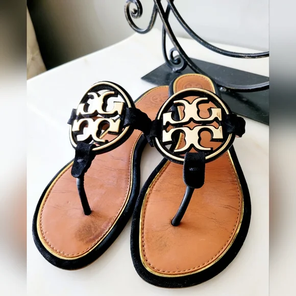 Tory Burch Miller Leather Thong Sandals Metal/Gold Logo Black/Tan US 8 - Picture 4 of 16